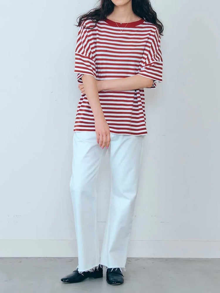 THE SHINZONE / FRENCH STRIPED HALF SLEEVE TEE / BORDEAUX / 25SMSCU05