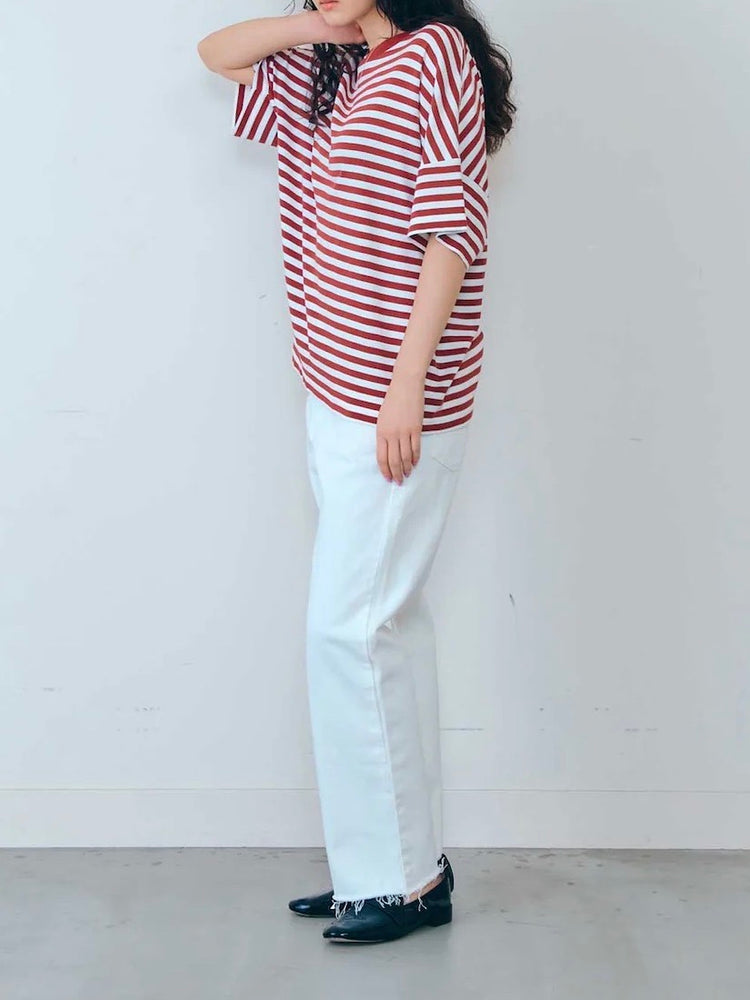 THE SHINZONE / FRENCH STRIPED HALF SLEEVE TEE / BORDEAUX / 25SMSCU05