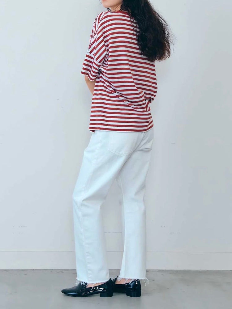 THE SHINZONE / FRENCH STRIPED HALF SLEEVE TEE / BORDEAUX / 25SMSCU05