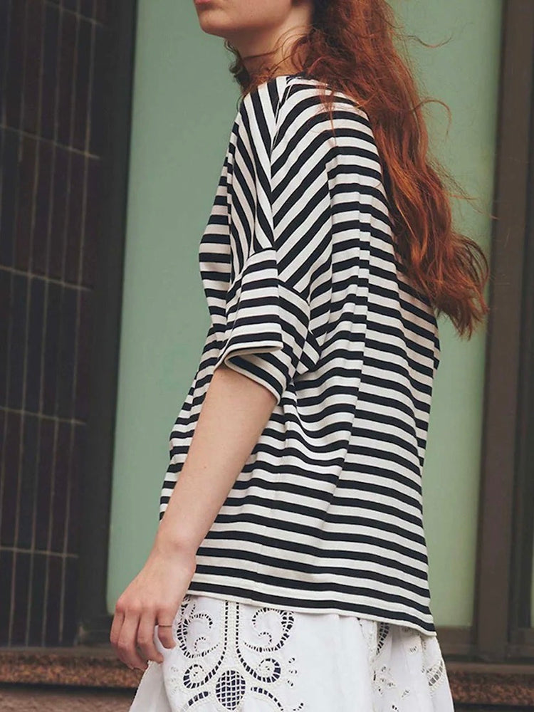 THE SHINZONE / FRENCH STRIPED HALF SLEEVE TEE / NAVY / 25SMSCU05