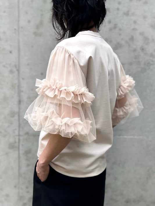 noir kei ninomiya / 綿ポンチ×ジョーゼット×ナイロンチュール袖Tシャツ / BEIGE / 3Q-T012