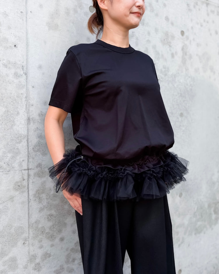 noir kei ninomiya / 綿ポンチ×ナイロンチュールS/S tee / BLACK / 2A-T012