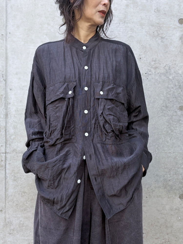 KATHARINE HAMNETT / ACETATE PARACHUTE BAND COLLAR SHIRT / V.BLACK / TKH-S01