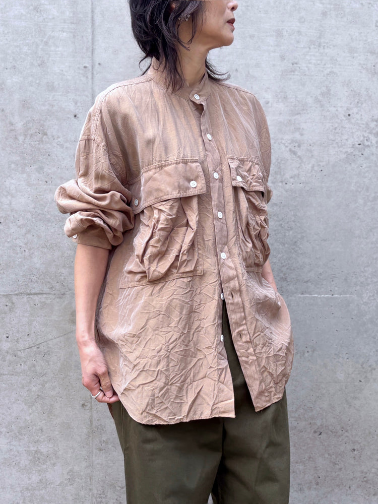KATHARINE HAMNETT / ACETATE PARACHUTE BAND COLLAR SHIRT / CAM.BEIGE / TKH-S01