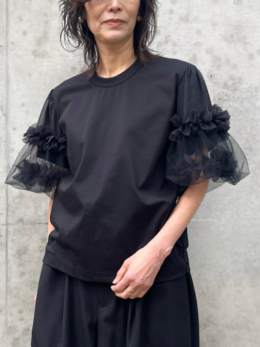 noir kei ninomiya / 綿ポンチ×ジョーゼット×ナイロンチュール袖Tシャツ / BLACK / 3Q-T012