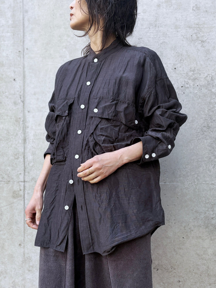 KATHARINE HAMNETT / ACETATE PARACHUTE BAND COLLAR SHIRT / V.BLACK / TKH-S01