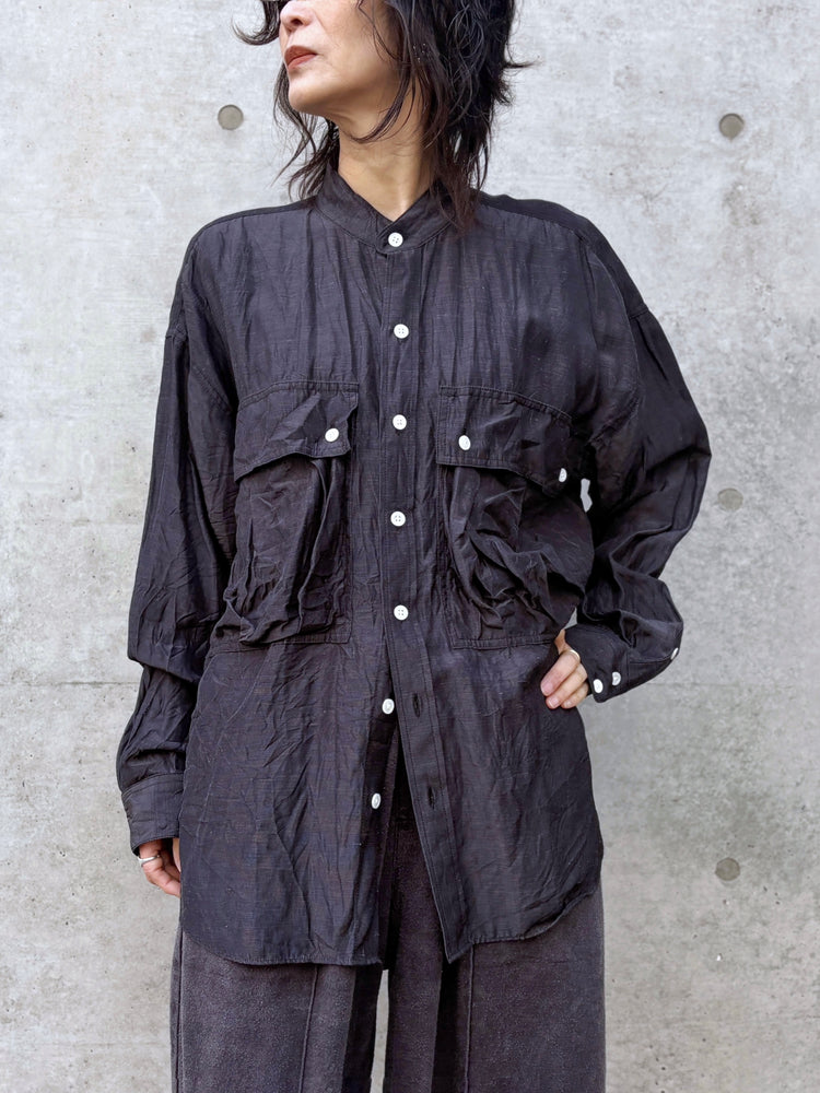 KATHARINE HAMNETT / ACETATE PARACHUTE BAND COLLAR SHIRT / V.BLACK / TKH-S01