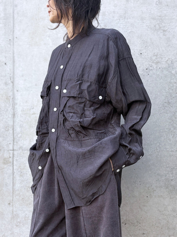 KATHARINE HAMNETT / ACETATE PARACHUTE BAND COLLAR SHIRT / V.BLACK / TKH-S01