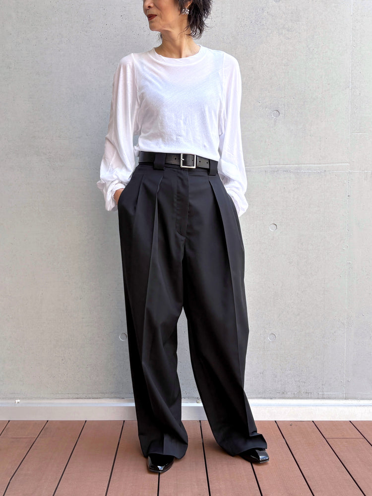 CINOH / TWILL HIGH WAIST TWO TUCK PANTS / BLACK / E-60-029