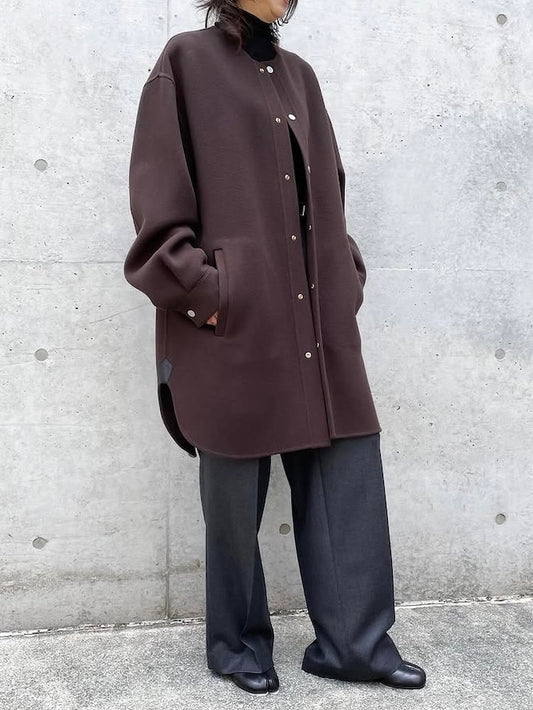 BLAMINK / ダブルフェイスノーカラーコート / DK.BROWN / 79252000005