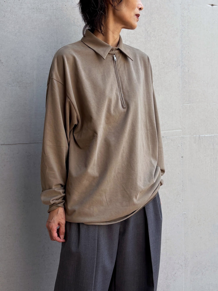 08sircus / Organic cotton jersey suede finish half zip Top / khaki / S26AW-CS06