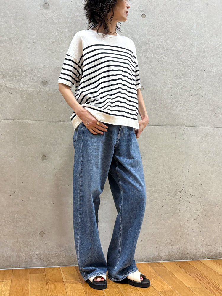 C.T.plage / Cotton cashmere half sleeve pullover / white×black / CT24119