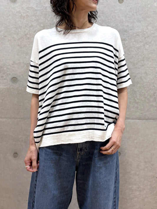 C.T.plage / Cotton cashmere half sleeve pullover / white×black / CT24119