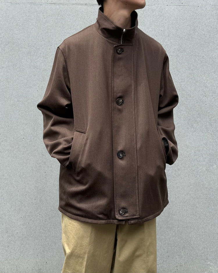 AURALEE / REVERSIBLE WOOL TWISTTED TWILL / SHEEP LEATHER HALF COAT / BROWN CHAMBRAY × BLACK / A26AC01AN