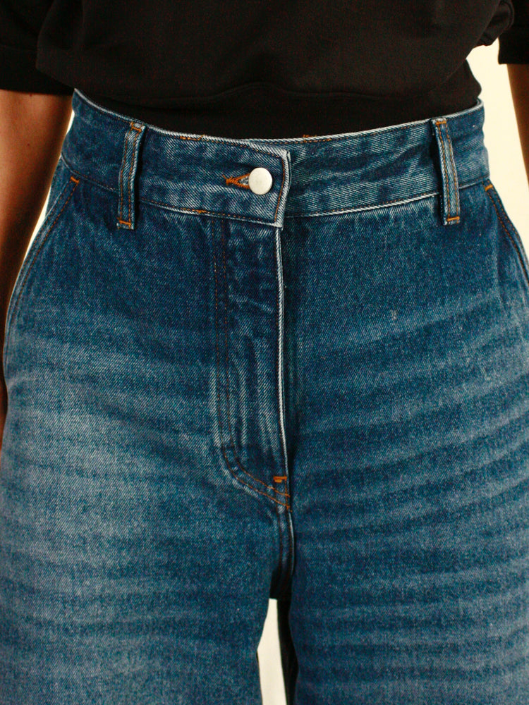 STUDIO NICHOLSON / CHALCO DENIM WIDE CROP PANT / WORN WASH INDIGO