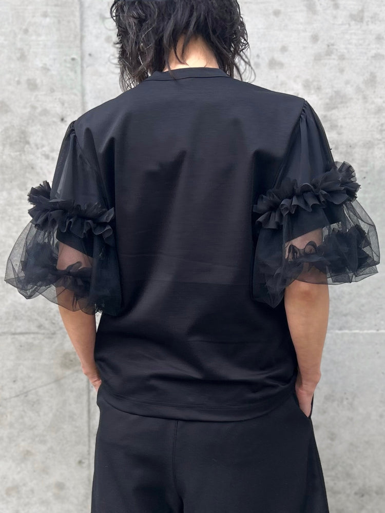 noir kei ninomiya / 綿ポンチ×ジョーゼット×ナイロンチュール袖Tシャツ / BLACK / 3Q-T012