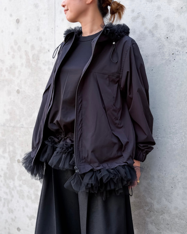 noir kei ninomiya / エステルタイプライター×ナイロンチュール フードJK / BLACK / 2A-B009