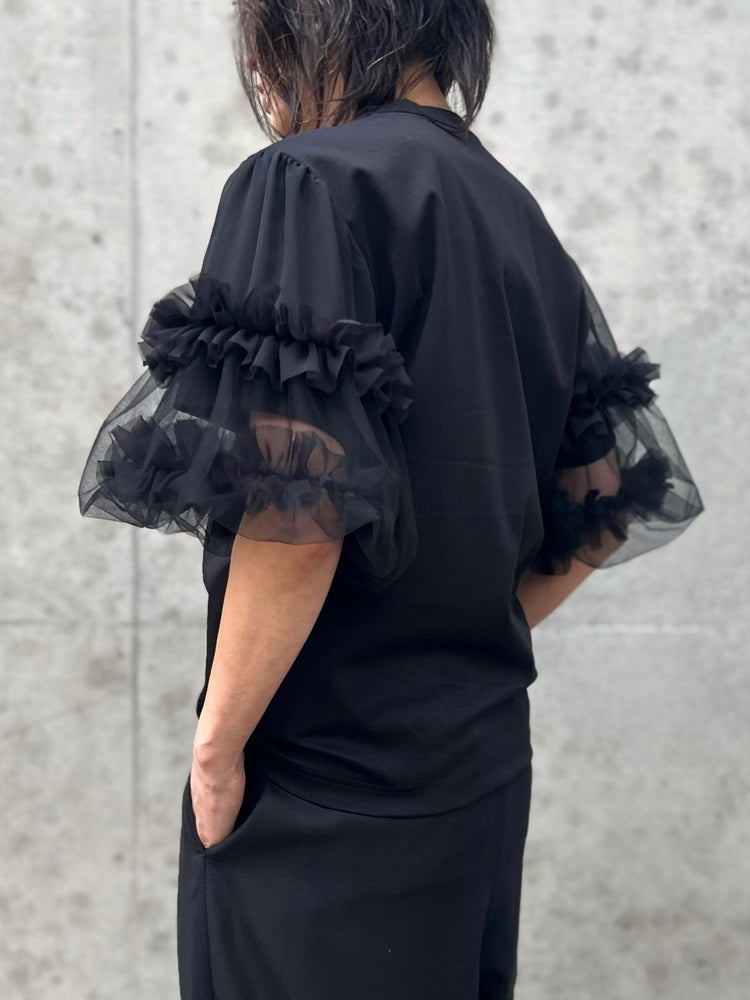 noir kei ninomiya / 綿ポンチ×ジョーゼット×ナイロンチュール袖Tシャツ / BLACK / 3Q-T012