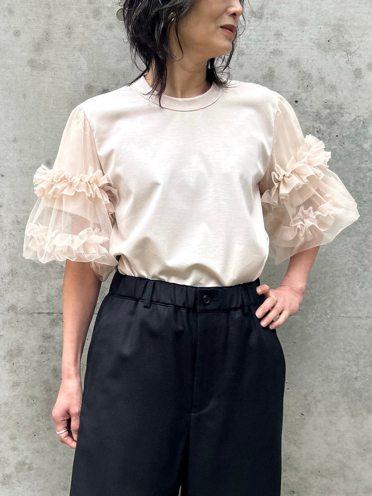 noir kei ninomiya / 綿ポンチ×ジョーゼット×ナイロンチュール袖Tシャツ / BEIGE / 3Q-T012
