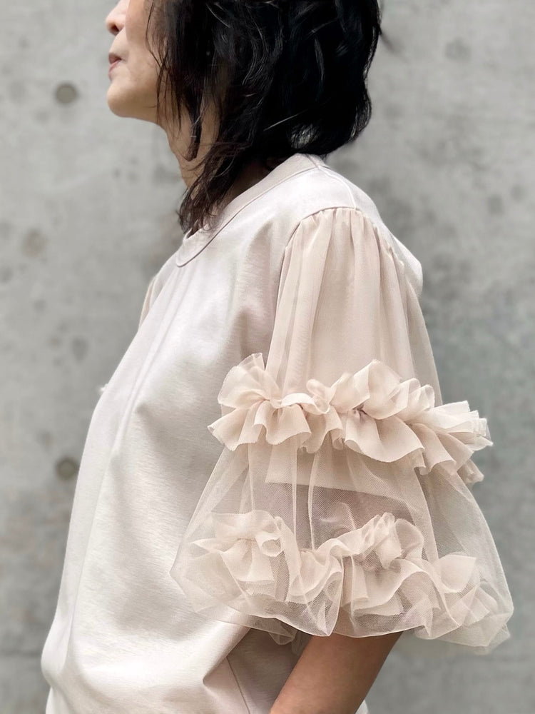 noir kei ninomiya / 綿ポンチ×ジョーゼット×ナイロンチュール袖Tシャツ / BEIGE / 3Q-T012