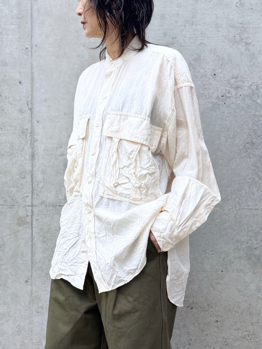 KATHARINE HAMNETT / ACETATE PARACHUTE BAND COLLAR SHIRT / IVORY  / TKH-S01