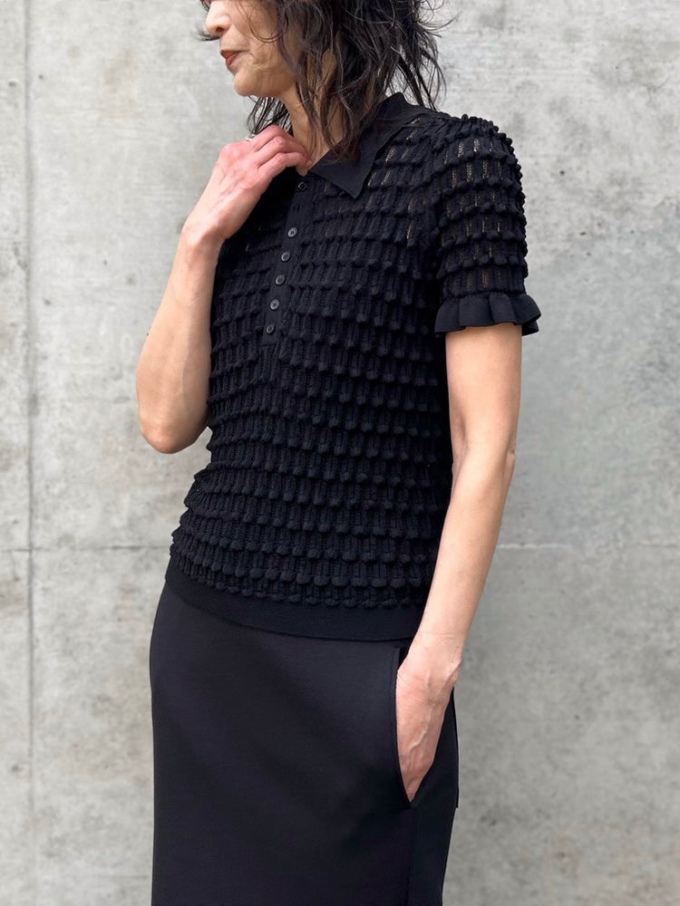 ASTRAET / 12G アイレット カラー ショートスリーブニット / BLACK / 54181054002