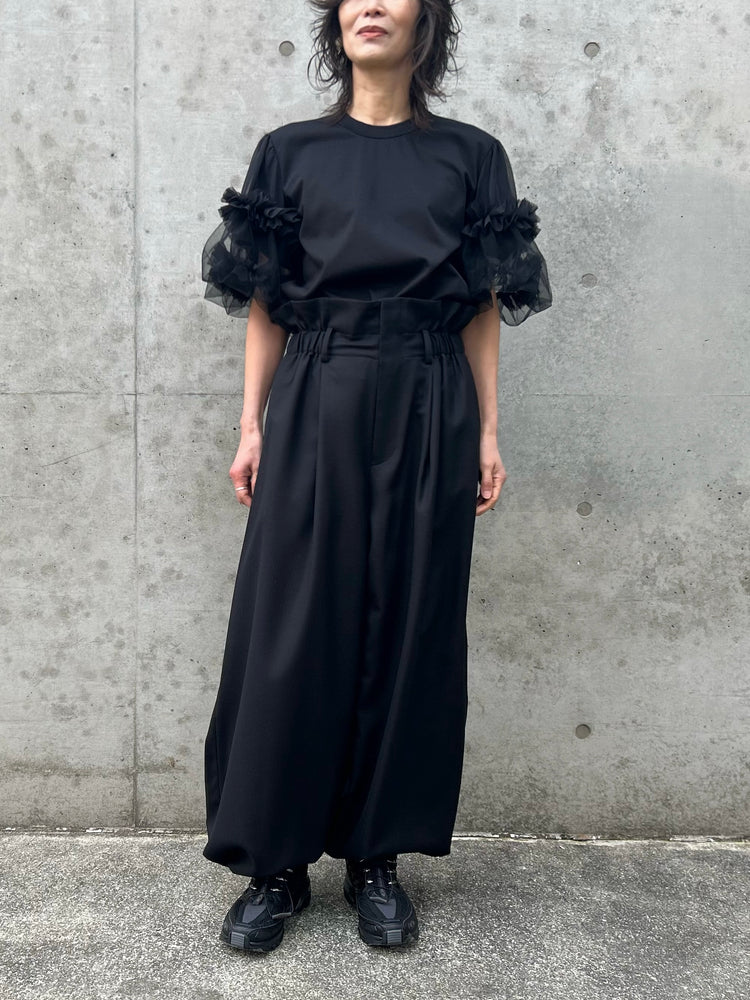 noir kei ninomiya / 綿ポンチ×ジョーゼット×ナイロンチュール袖Tシャツ / BLACK / 3Q-T012