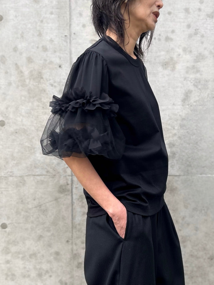 noir kei ninomiya / 綿ポンチ×ジョーゼット×ナイロンチュール袖Tシャツ / BLACK / 3Q-T012