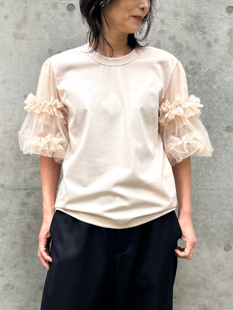 noir kei ninomiya / 綿ポンチ×ジョーゼット×ナイロンチュール袖Tシャツ / BEIGE / 3Q-T012