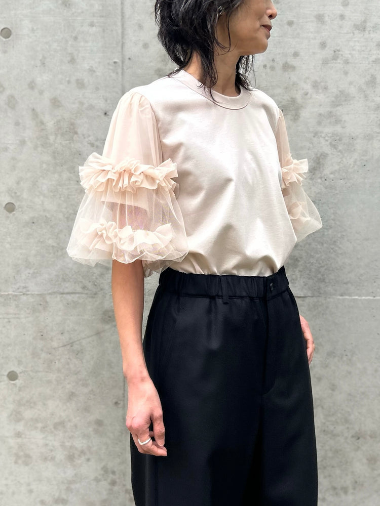 noir kei ninomiya / 綿ポンチ×ジョーゼット×ナイロンチュール袖Tシャツ / BEIGE / 3Q-T012