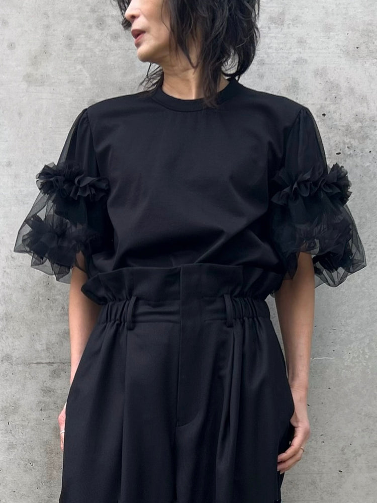 noir kei ninomiya / 綿ポンチ×ジョーゼット×ナイロンチュール袖Tシャツ / BLACK / 3Q-T012