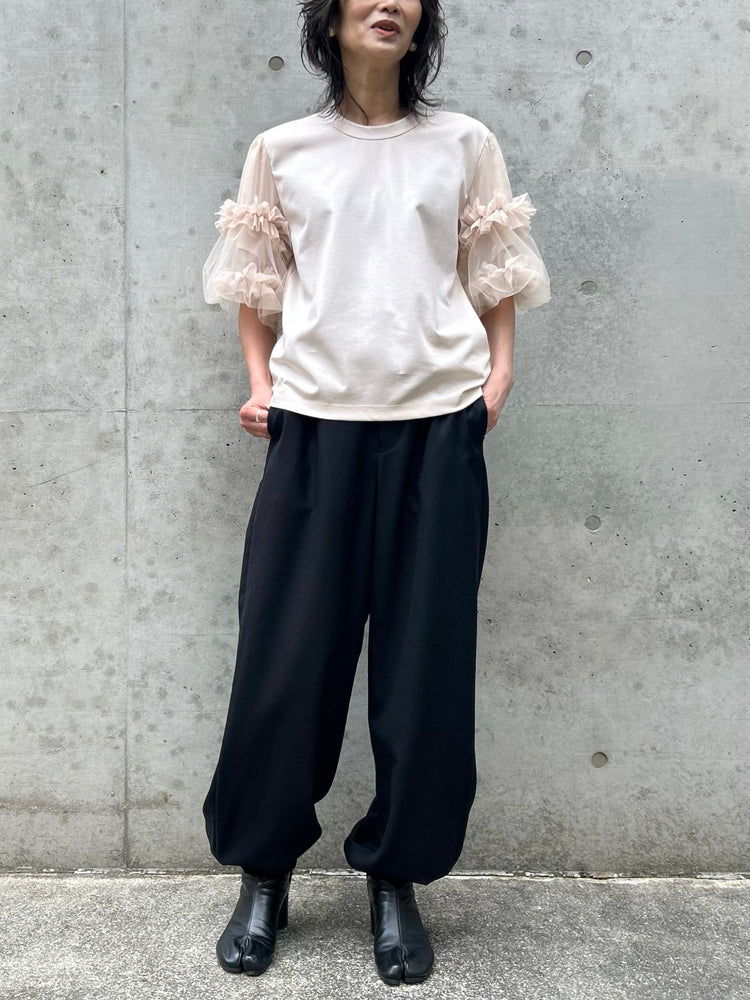 noir kei ninomiya / 綿ポンチ×ジョーゼット×ナイロンチュール袖Tシャツ / BEIGE / 3Q-T012