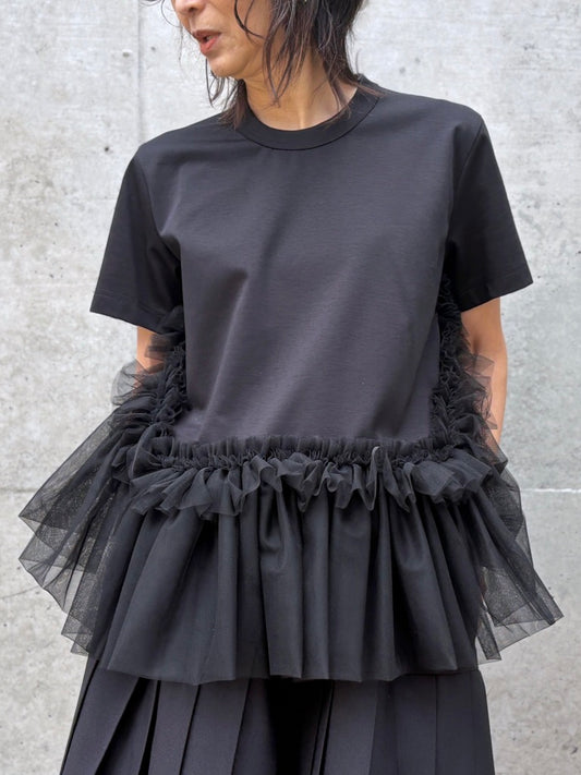 noir kei ninomiya / 綿ポンチ×ナイロンチュールTシャツ / BLACK / 3Q-T004-051