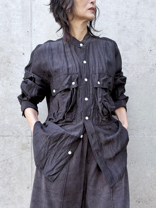 KATHARINE HAMNETT / ACETATE PARACHUTE BAND COLLAR SHIRT / V.BLACK / TKH-S01