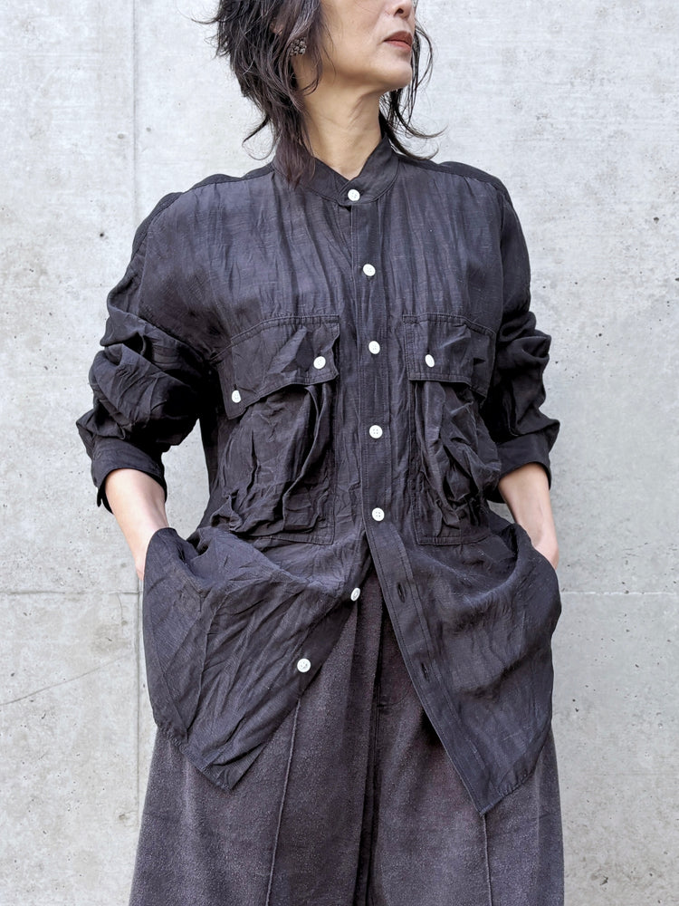 KATHARINE HAMNETT / ACETATE PARACHUTE BAND COLLAR SHIRT / V.BLACK / TKH-S01