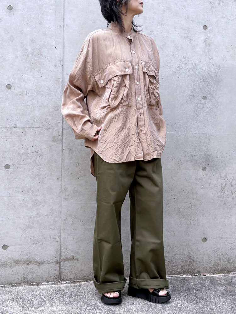 KATHARINE HAMNETT / ACETATE PARACHUTE BAND COLLAR SHIRT / CAM.BEIGE / TKH-S01