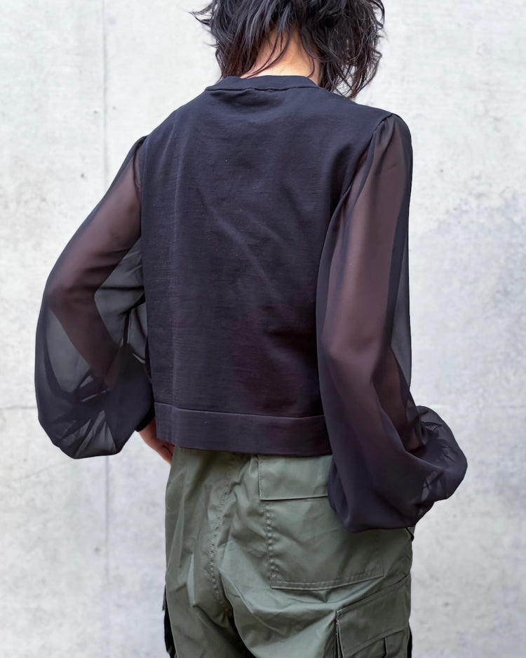 HYKE / SHEER SLEEVE CREW NECK CROPPED KNIT / BLACK / 11417