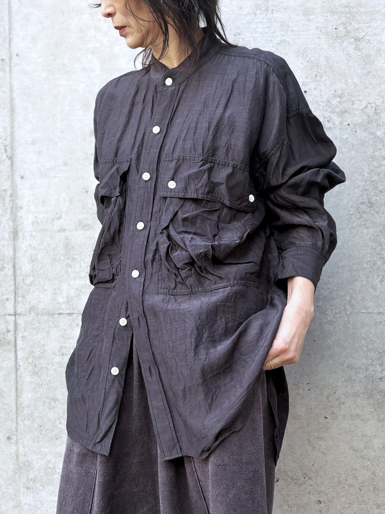 KATHARINE HAMNETT / ACETATE PARACHUTE BAND COLLAR SHIRT / V.BLACK / TKH-S01