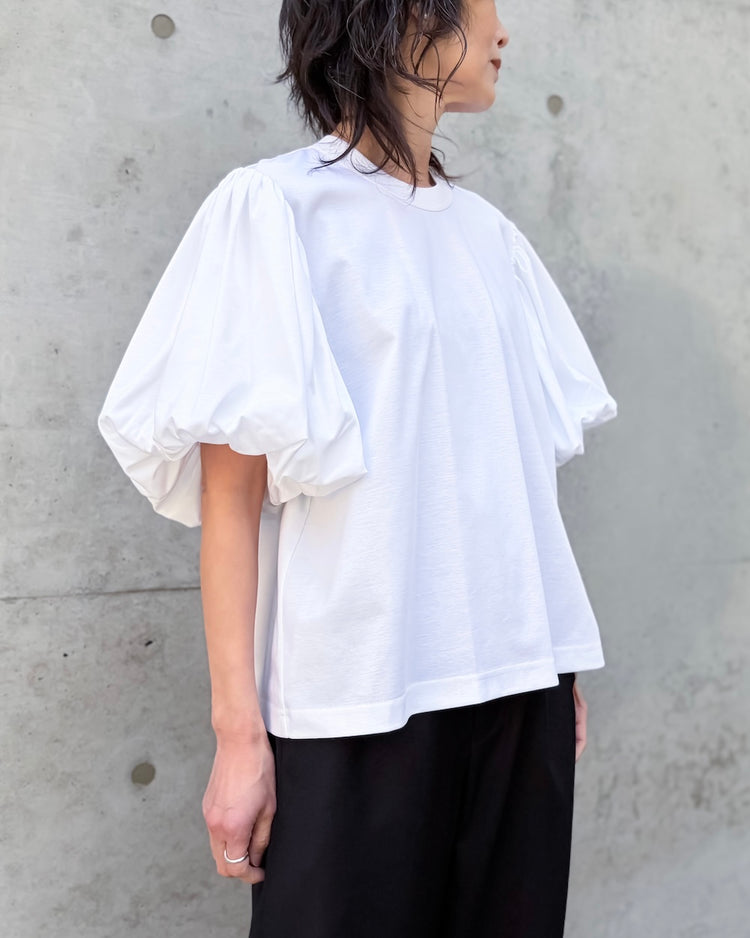 noir kei ninomiya / 袖バルーン綿ポンチTシャツ / WHITE / 3A-T020