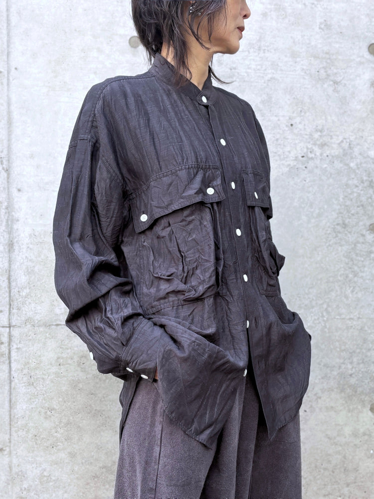 KATHARINE HAMNETT / ACETATE PARACHUTE BAND COLLAR SHIRT / V.BLACK / TKH-S01
