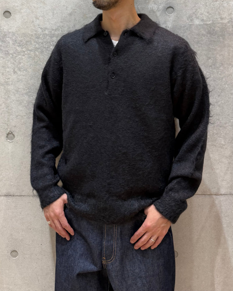 AURALEE / BRUSHED SUPER KID MOHAIR KNIT POLO / INK BLACK / A26AP01KM