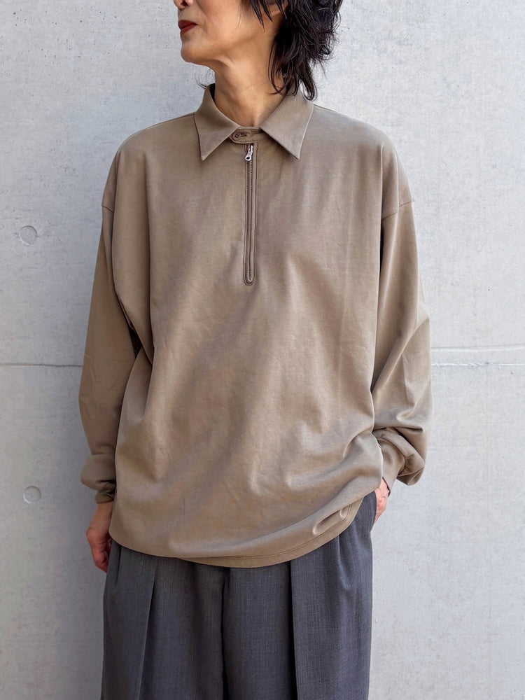 08sircus / Organic cotton jersey suede finish half zip Top / khaki / S26AW-CS06