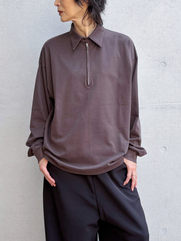 08sircus / Organic cotton jersey suede finish half zip Top / D.brown / S26AW-CS06