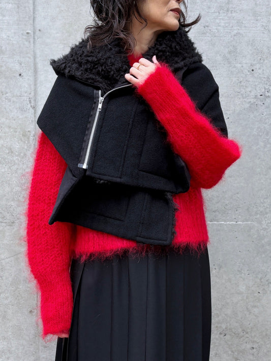 tao / ウールエステルモッサ先染×エステルフェイクファー ケープ / BLACK / TP-J017-051