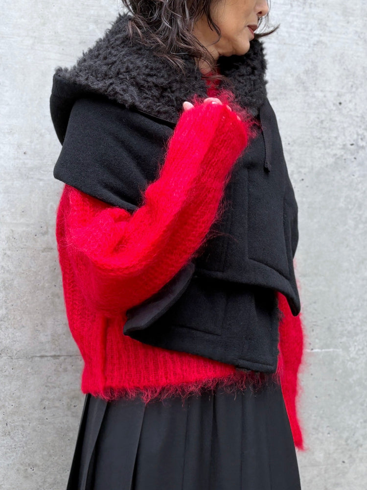 tao / ウールエステルモッサ先染×エステルフェイクファー ケープ / BLACK / TP-J017-051