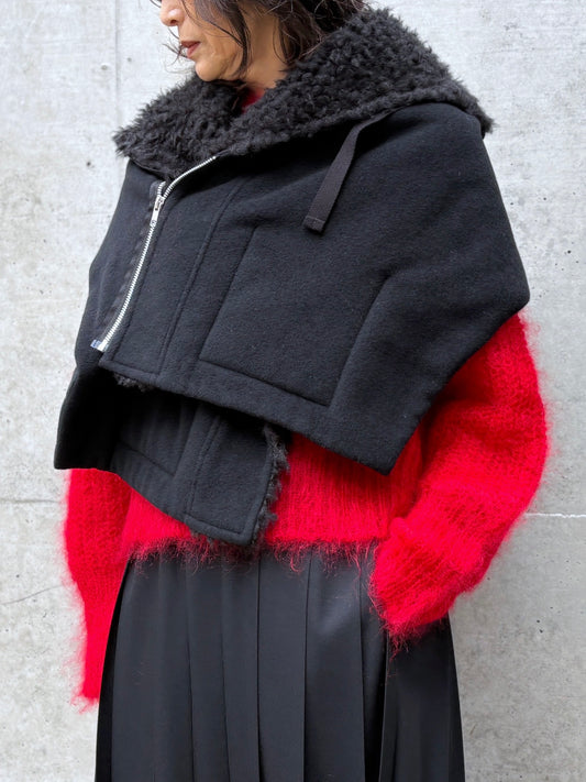 tao / ウールエステルモッサ先染×エステルフェイクファー ケープ / BLACK / TP-J017-051