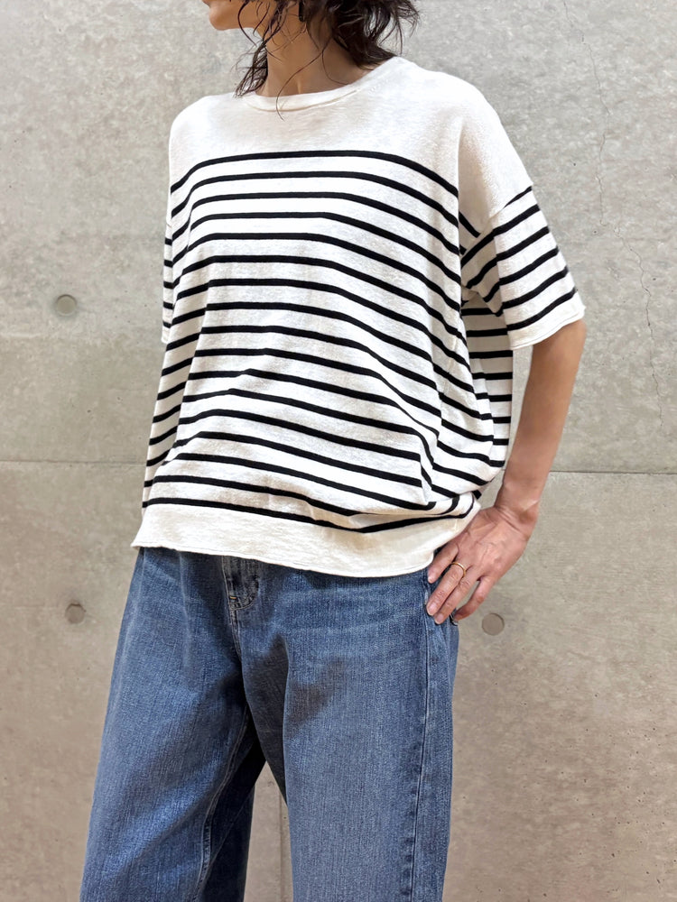 C.T.plage / Cotton cashmere half sleeve pullover / white×black / CT24119
