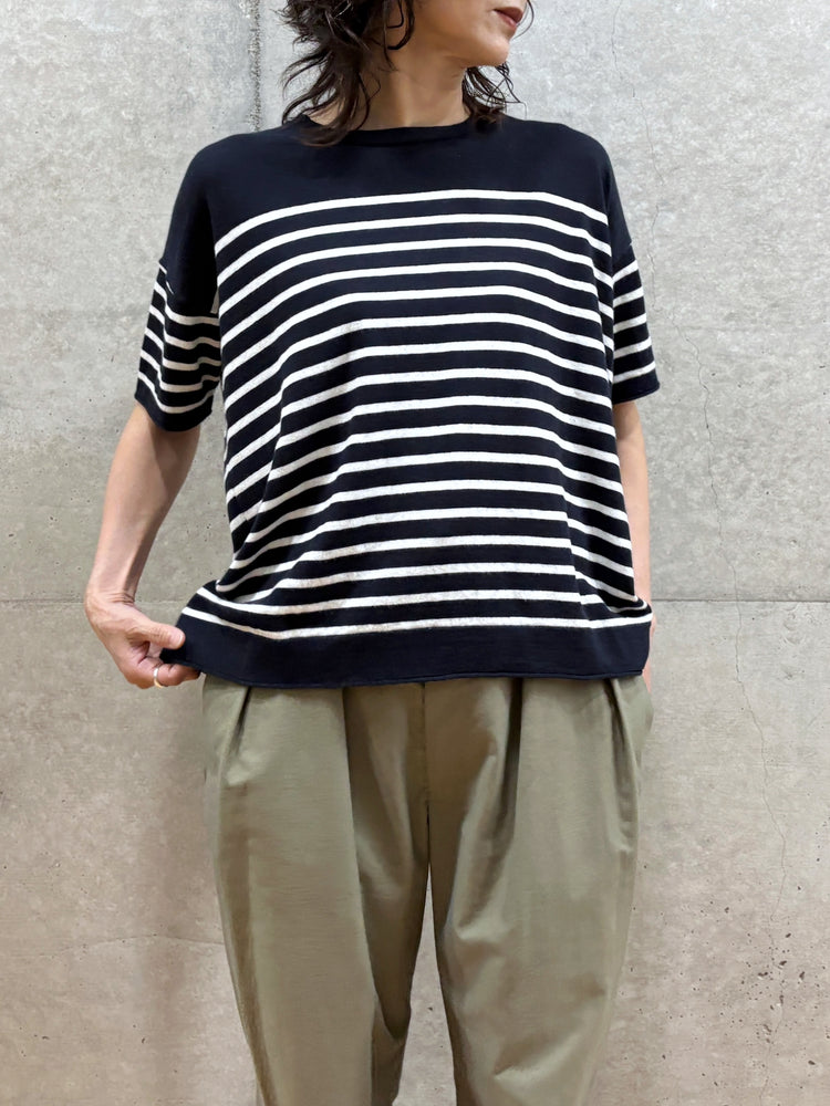 C.T.plage / Cotton cashmere half sleeve pullover / b.navy×white / CT24119