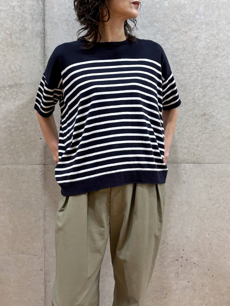 C.T.plage / Cotton cashmere half sleeve pullover / b.navy×white / CT24119